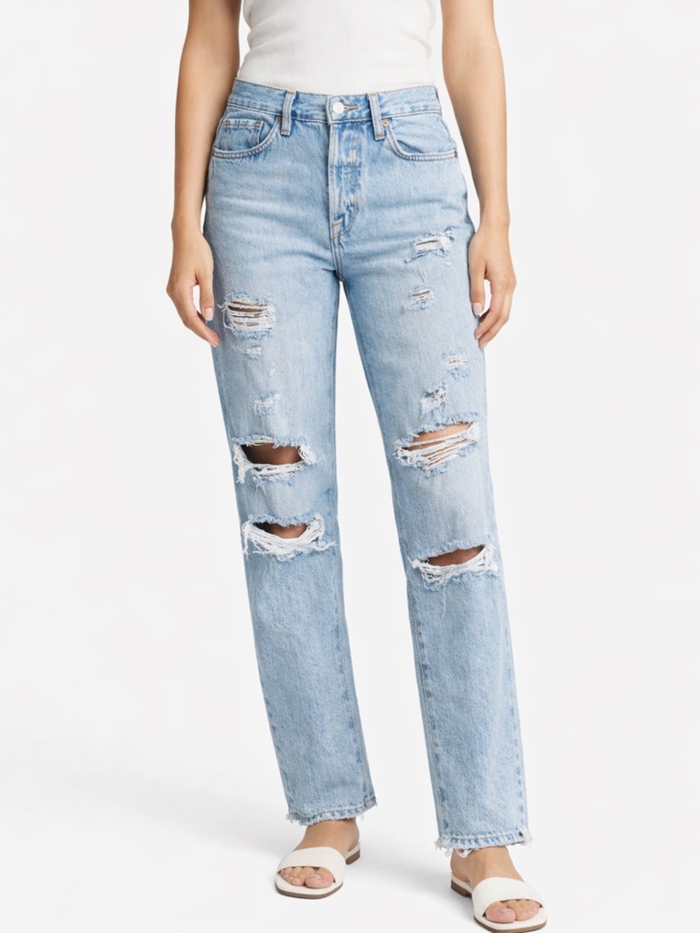 Frame Denim Light Blue Distressed Straight-Leg Jeans